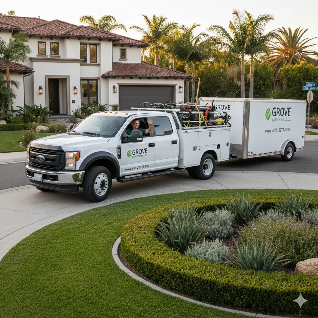 A landscaping crew working on a property